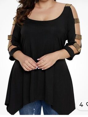 🌸. Plus Size Black Cold-Shoulder Blouse with Gold Strap Detail